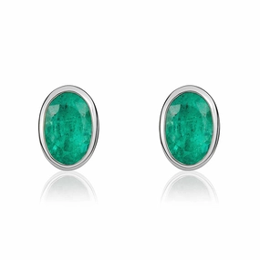 9ct White Gold Emerald 5x3mm Oval Rub Over Set Stud Earrings