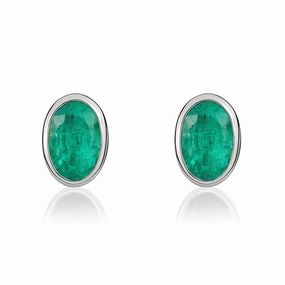 9ct White Gold Emerald 5x3mm Oval Rub Over Set Stud Earrings
