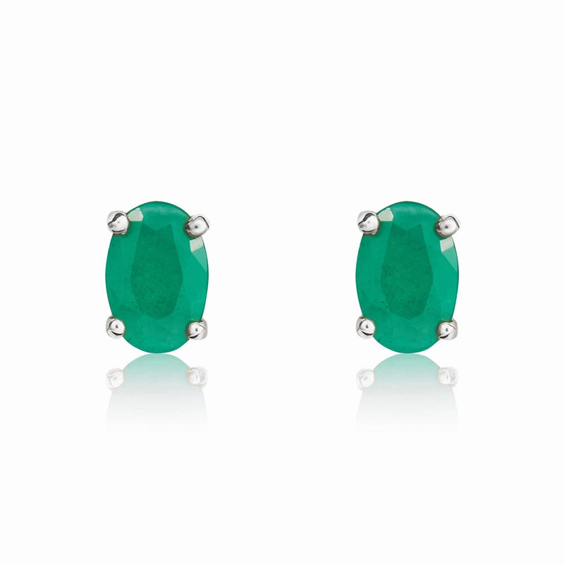 9ct White Gold Emerald 6x4mm Oval Claw Set Stud Earrings