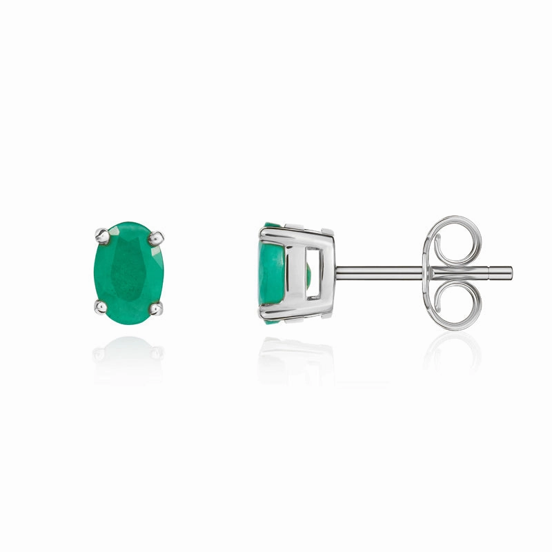 9ct White Gold Emerald 6x4mm Oval Claw Set Stud Earrings