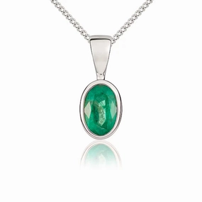 9ct White Gold Emerald 6x4mm Oval Rub Over Set Pendant