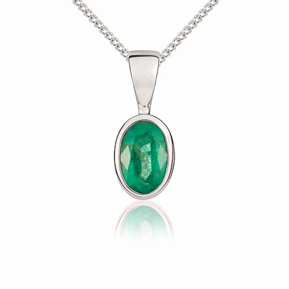 9ct White Gold Emerald 6x4mm Oval Rub Over Set Pendant