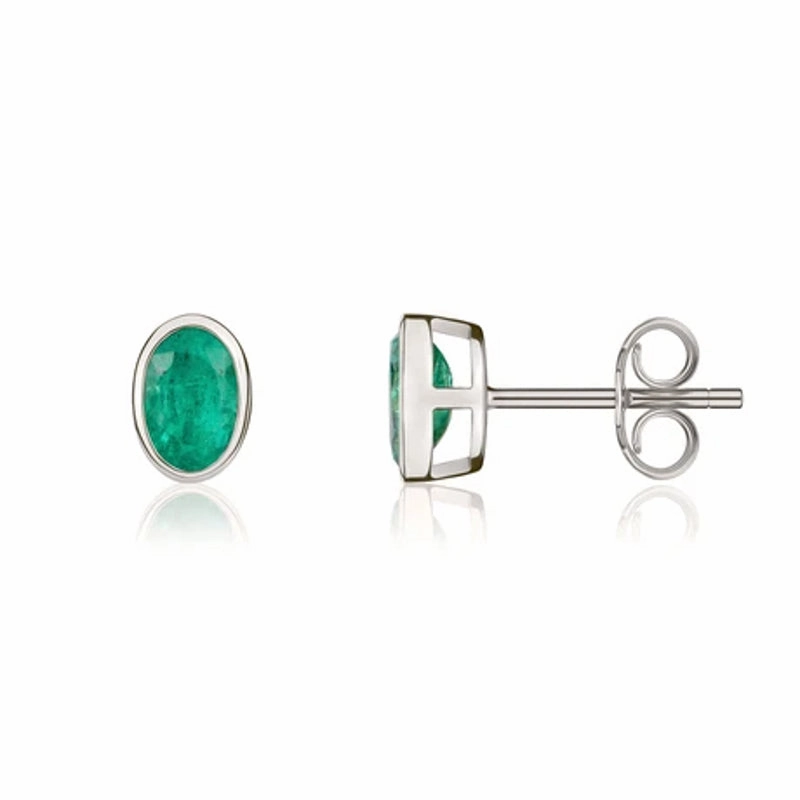 9ct White Gold Emerald 6x4mm Oval Rub Over Set Stud Earrings