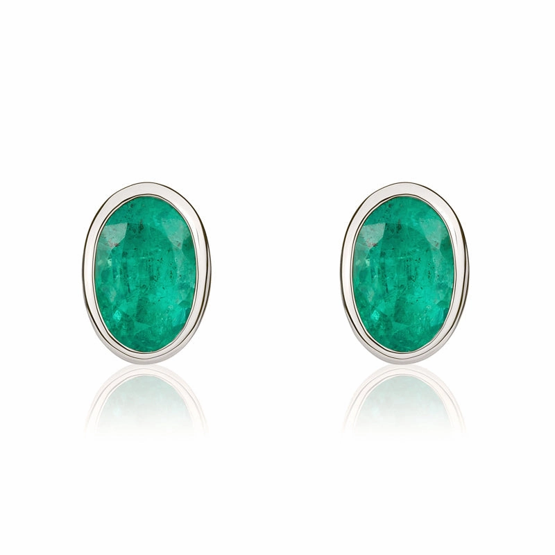 9ct White Gold Emerald 6x4mm Oval Rub Over Set Stud Earrings
