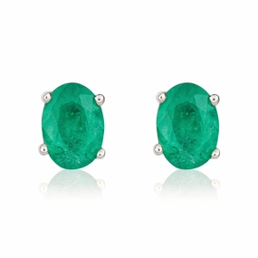 9ct White Gold Emerald 7x5mm Oval Claw Set Stud Earrings