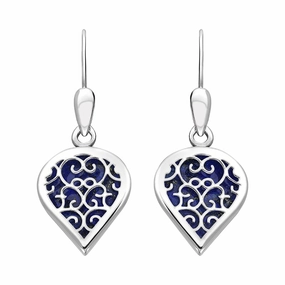 9ct White Gold Lapis Lazuli Flore Filigree Heart Drop Earrings
