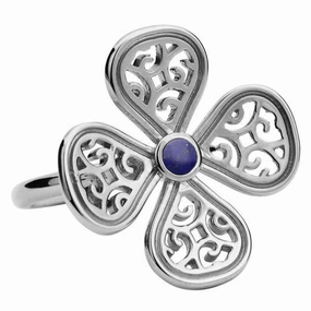 9ct White Gold Lapis Lazuli Flore Four Petal Filigree Ring