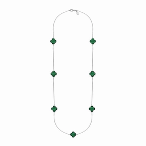 9ct White Gold Malachite Bloom Four Leaf Clover Ball Edge Long Necklace