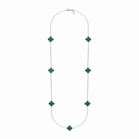 9ct White Gold Malachite Bloom Four Leaf Clover Long Necklace