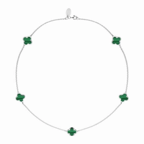 9ct White Gold Malachite Bloom Four Leaf Clover Necklace