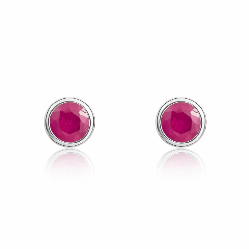 9ct White Gold Ruby 3mm Round Rub Over Set Stud Earrings