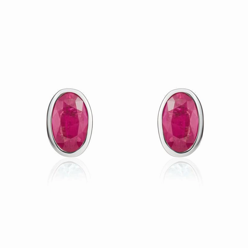 9ct White Gold Ruby 5x3mm Oval Rub Over Set Stud Earrings