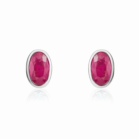 9ct White Gold Ruby 5x3mm Oval Rub Over Set Stud Earrings