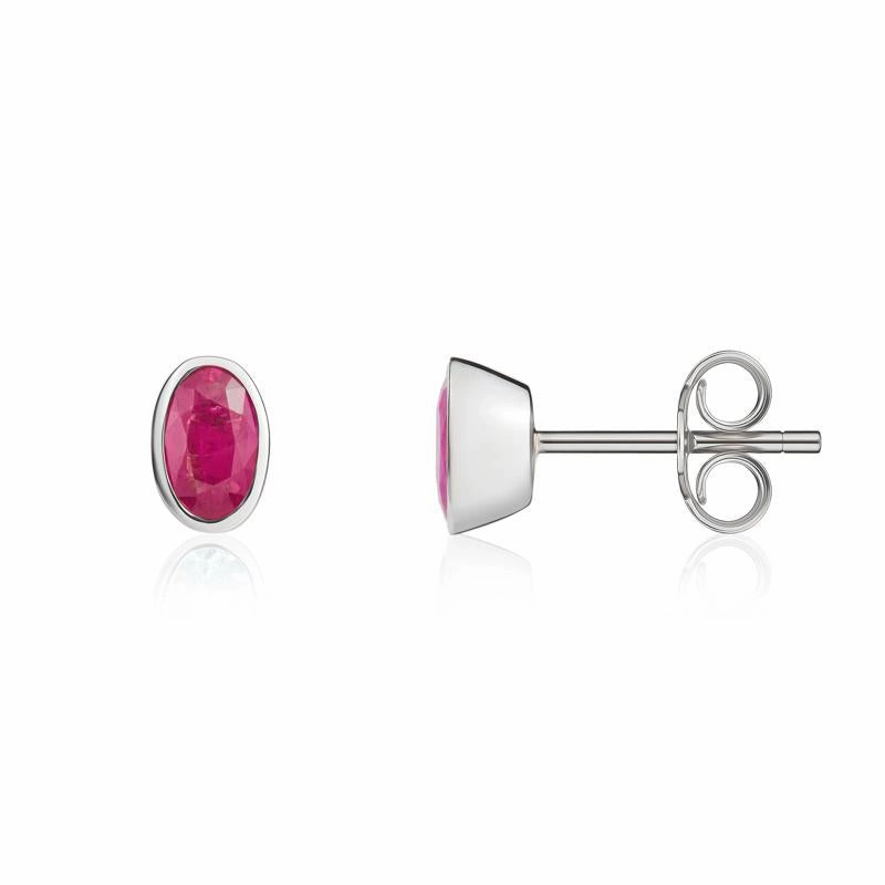 9ct White Gold Ruby 5x3mm Oval Rub Over Set Stud Earrings
