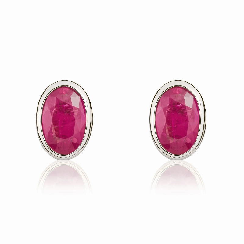 9ct White Gold Ruby 6x4mm Oval Rub Over Set Stud Earrings