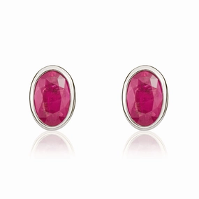 9ct White Gold Ruby 6x4mm Oval Rub Over Set Stud Earrings