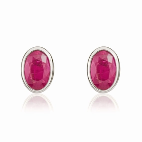 9ct White Gold Ruby 6x4mm Oval Rub Over Set Stud Earrings
