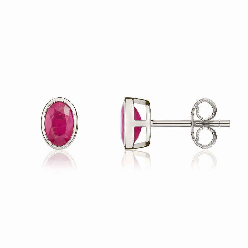 9ct White Gold Ruby 6x4mm Oval Rub Over Set Stud Earrings