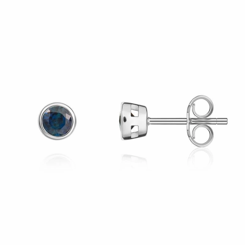 9ct White Gold Sapphire 3mm Round Rub Over Set Stud Earrings