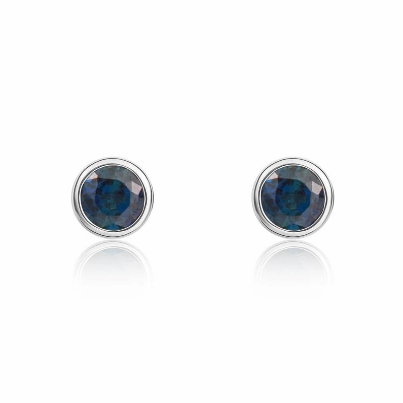 9ct White Gold Sapphire 3mm Round Rub Over Set Stud Earrings