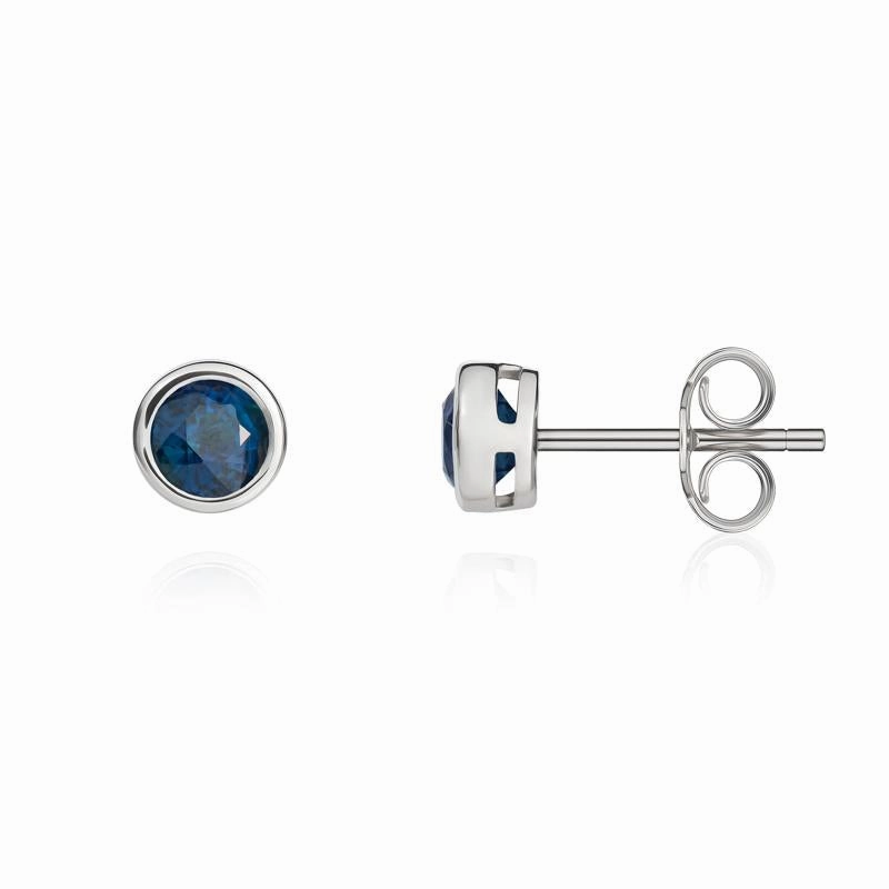 9ct White Gold Sapphire 4mm Round Rub Over Set Stud Earrings