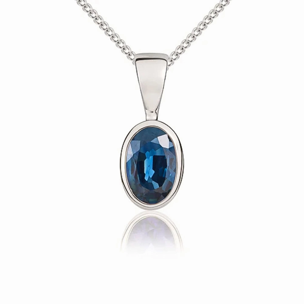9ct White Gold Sapphire 6x4mm Oval Rub Over Set Pendant