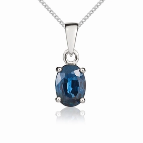 9ct White Gold Sapphire 7x5mm Oval Claw Set Necklace
