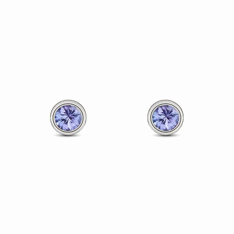 9ct White Gold Tanzanite 3mm Round Rub Over Set Stud Earrings