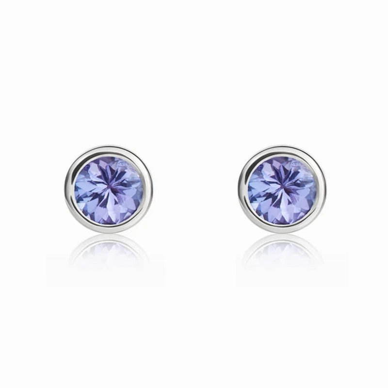 9ct White Gold Tanzanite 4mm Round Rub Over Set Stud Earrings