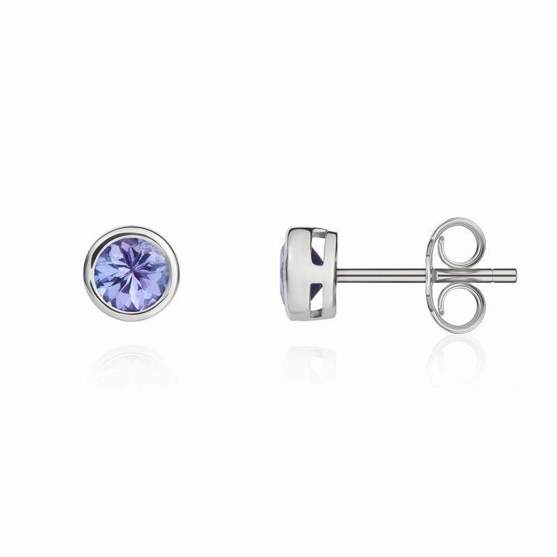 9ct White Gold Tanzanite 4mm Round Rub Over Set Stud Earrings