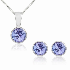 9ct White Gold Tanzanite 5mm Round Rub Over Set Pendant and Stud Earrings Set