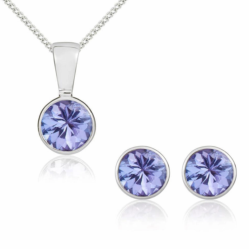 9ct White Gold Tanzanite 5mm Round Rub Over Set Pendant and Stud Earrings Set