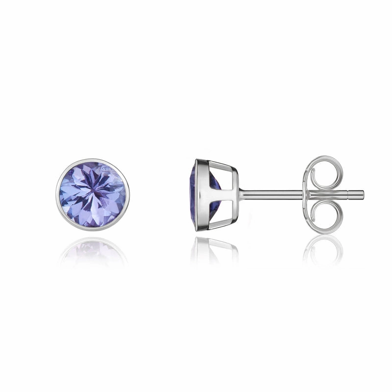 9ct White Gold Tanzanite 5mm Round Rub Over Set Stud Earrings