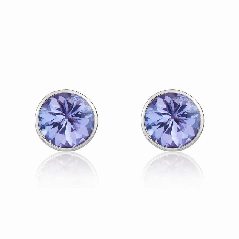 9ct White Gold Tanzanite 5mm Round Rub Over Set Stud Earrings
