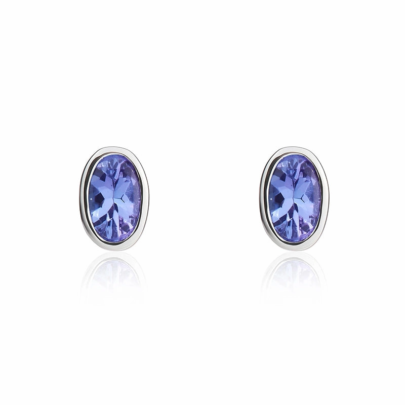9ct White Gold Tanzanite 5x3mm Oval Rub Over Set Stud Earrings