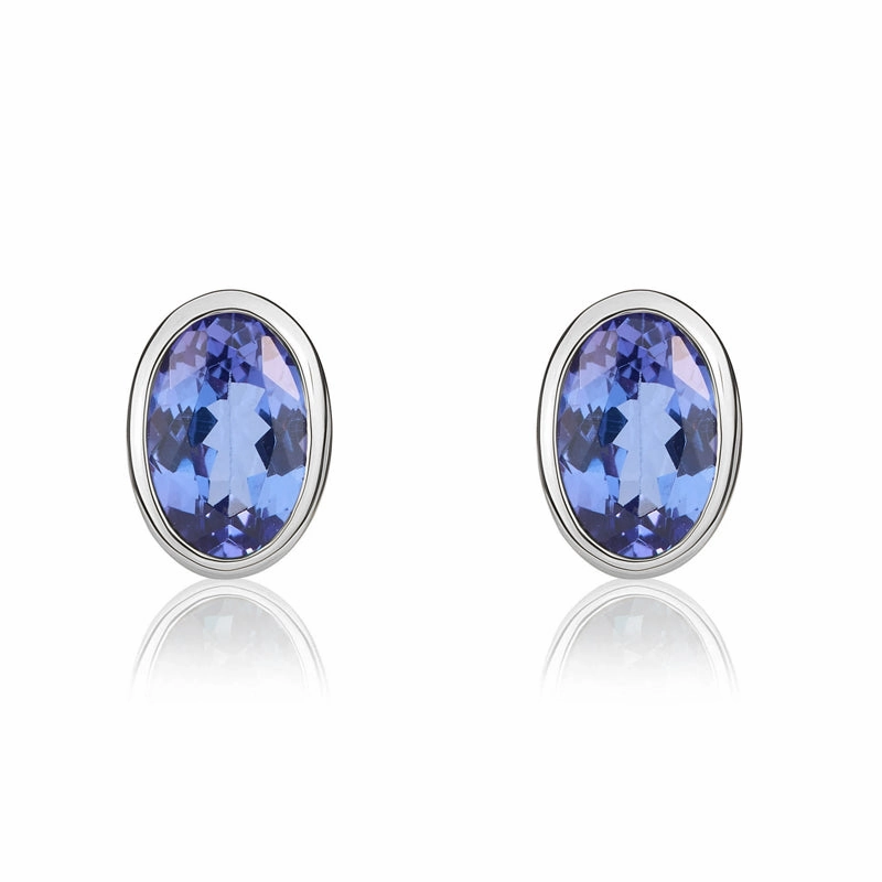 9ct White Gold Tanzanite 6x4mm Oval Rub Over Set Stud Earrings
