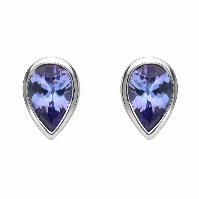 9ct White Gold Tanzanite 6x4mm Pear Rub Over Set Stud Earrings