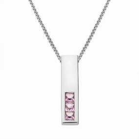 9ct White Gold Three Stone Princess Cut Pink Sapphire Necklace D