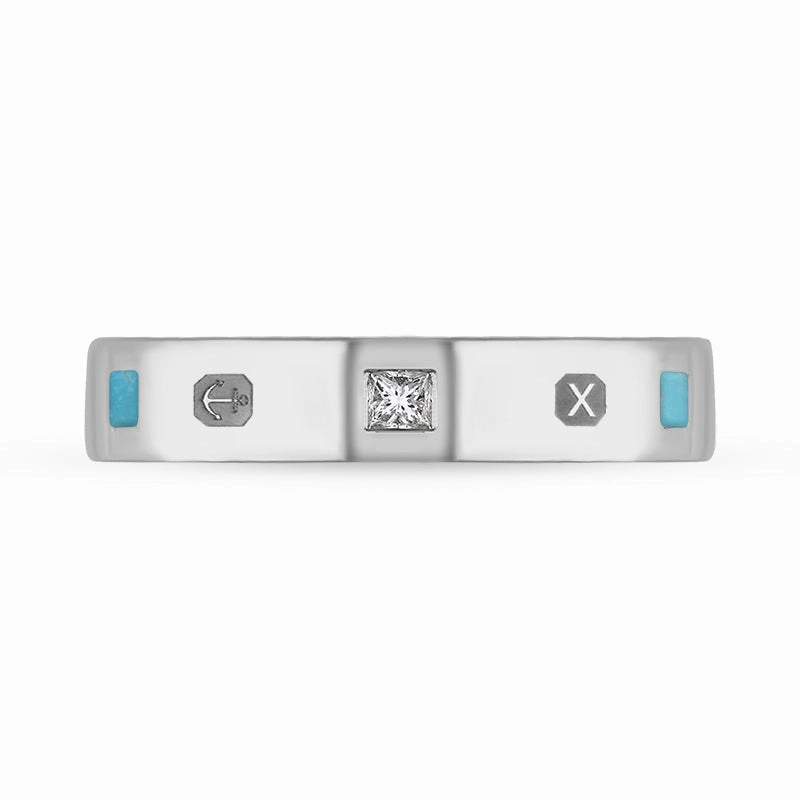 9ct White Gold Turquoise 0.09ct Diamond Queen's Jubilee Hallmark Princess Cut 4mm Ring D