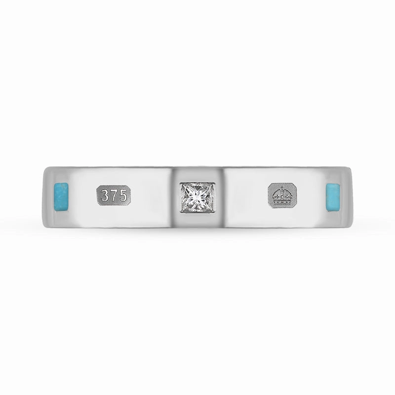 9ct White Gold Turquoise 0.09ct Diamond Queen's Jubilee Hallmark Princess Cut 4mm Ring D