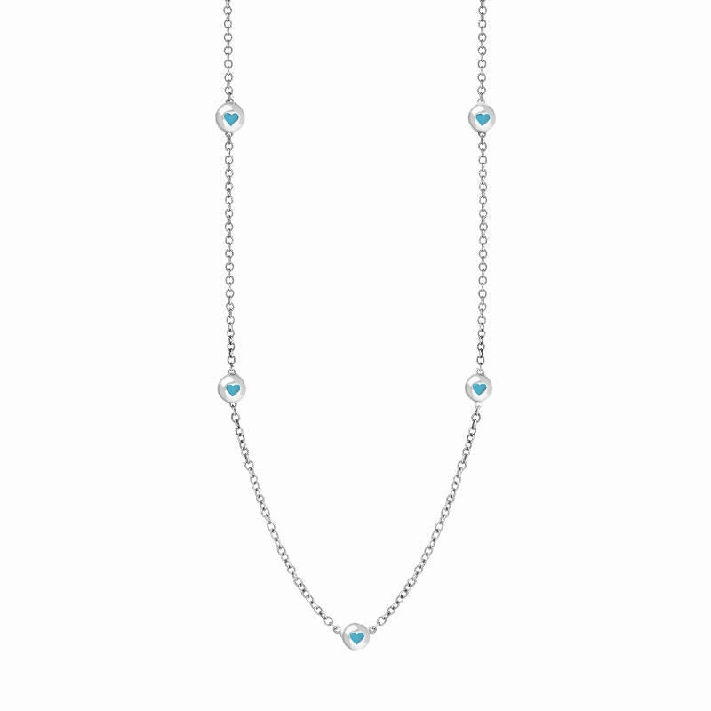 9ct White Gold Turquoise Heart Link Disc Chain Necklace