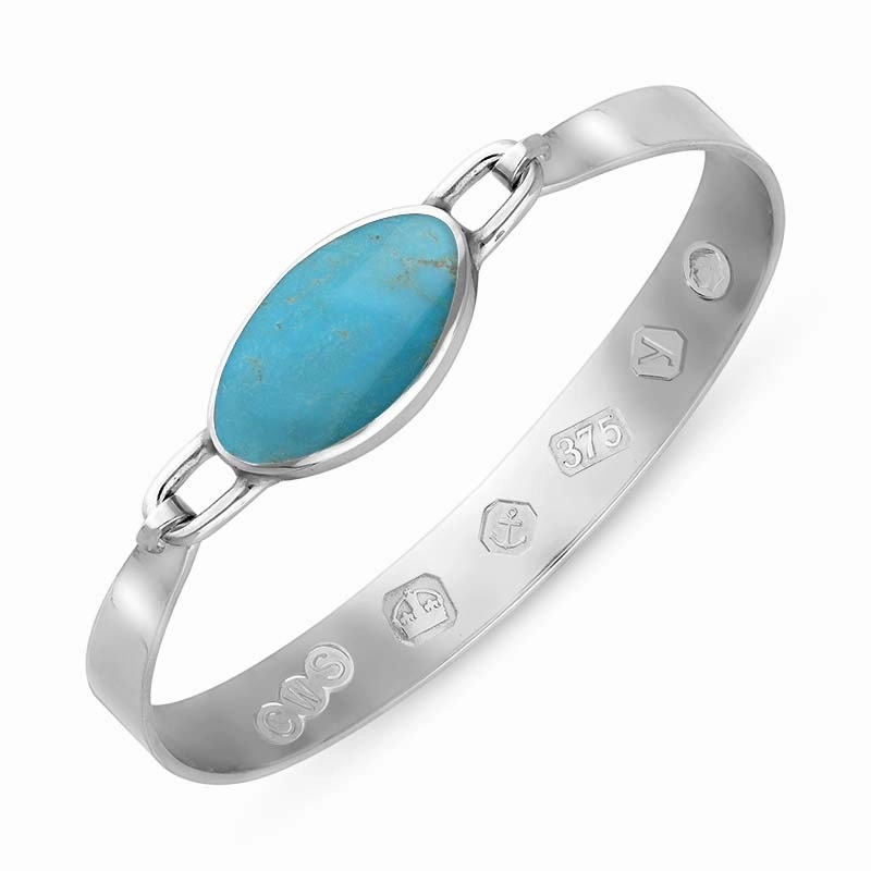 9ct White Gold Turquoise King's Coronation Hallmark Wide Oval Bangle D