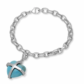 9ct White Gold Turquoise Large Cross Heart Charm Bracelet