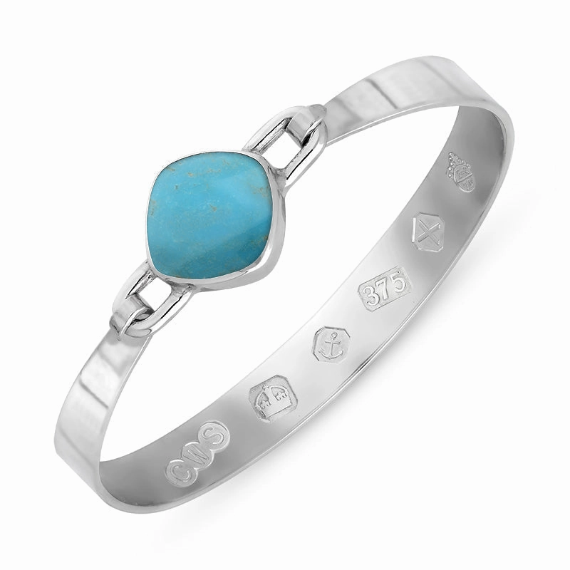 9ct White Gold Turquoise Queen's Jubilee Hallmark Wide Cushion Bangle D