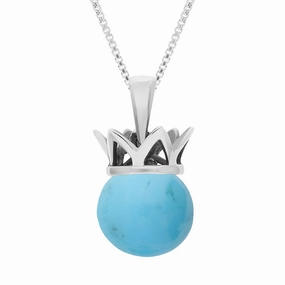 9ct White Gold Turquoise Royal Coronet 11mm Bead Pendant