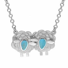 9ct White Gold Turquoise Two Large Sheep Necklace