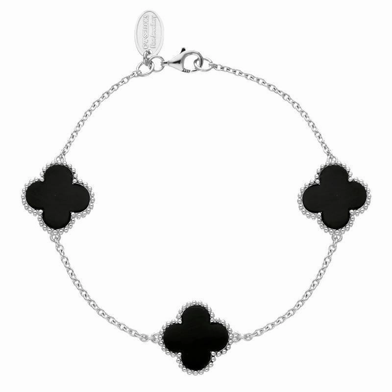 9ct White Gold Whitby Jet Bloom Four Leaf Clover Ball Edge Chain Bracelet