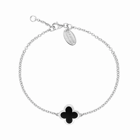 9ct White Gold Whitby Jet Bloom Four Leaf Clover Polished Edge Bracelet
