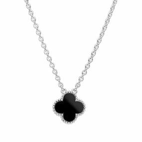 9ct White Gold Whitby Jet Bloom Small Four Leaf Clover Ball Edge Chain Necklace