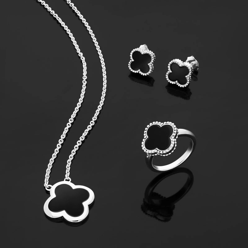 9ct White Gold Whitby Jet Bloom Small Four Leaf Clover Polished Edge Pendant